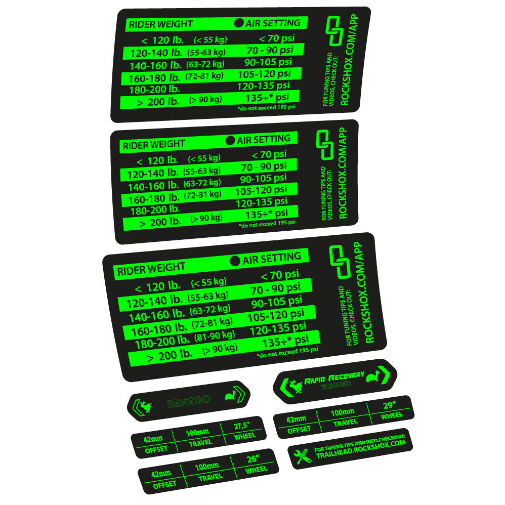 Stickers Rock Shox RS1 pressure table compatibles Autocollants fourche VTT 29"