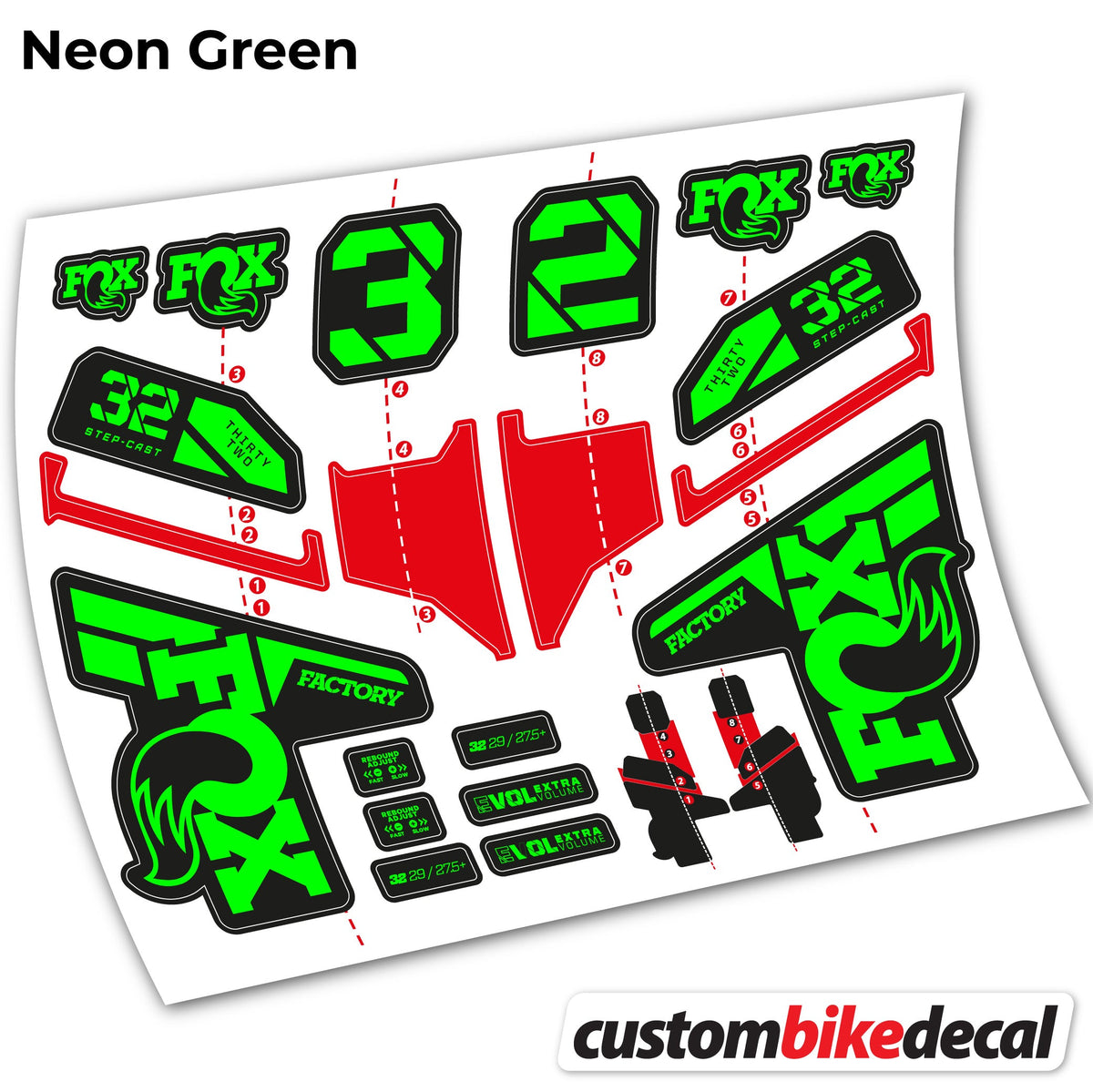 Neon Green decal for FOX 32 Step Cast Factory Mk2 2021 2022 y 2023 fork – bike sticker vinyl
