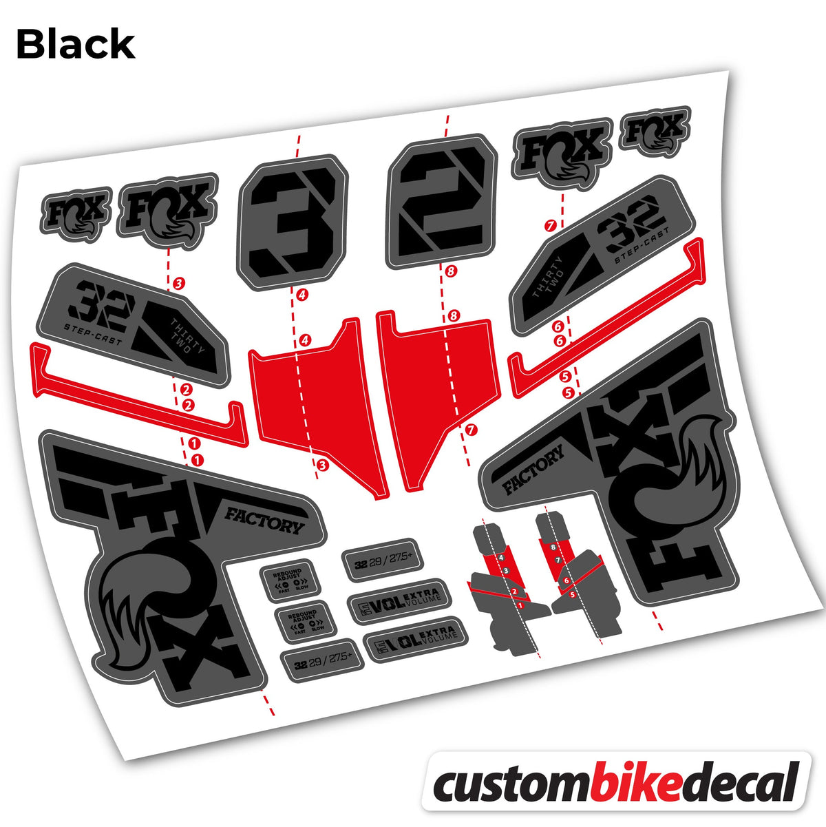 Matte Black+Gloss Black decal for FOX 32 Step Cast Factory Mk2 2021 2022 y 2023 fork – bike sticker vinyl