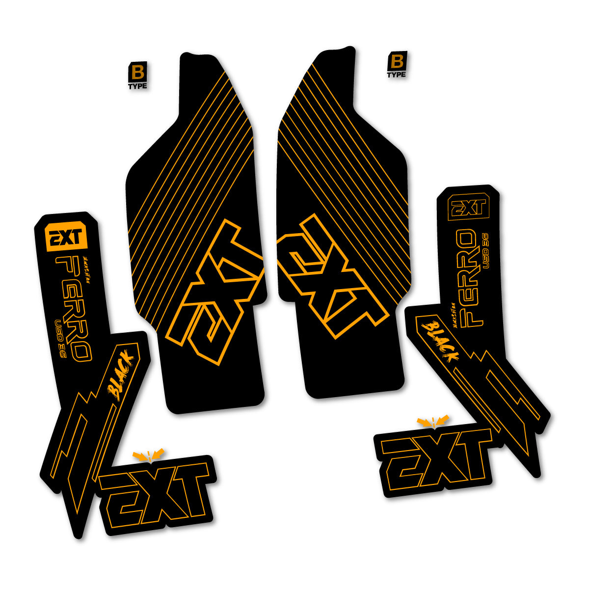 Stickers compatibles EXT Ferro USD 36 Black Edition 2025-2026 pour fourche – autocollants vinyle - Jaune Orangé