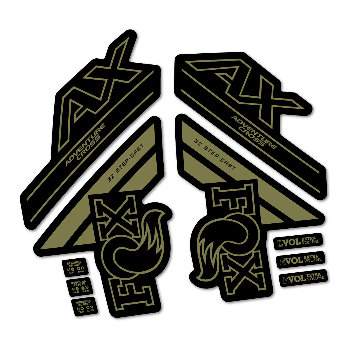Stickers compatibles Fox 32 Step Cast AX 2025 pour fourche – autocollants vinyle - Kaki