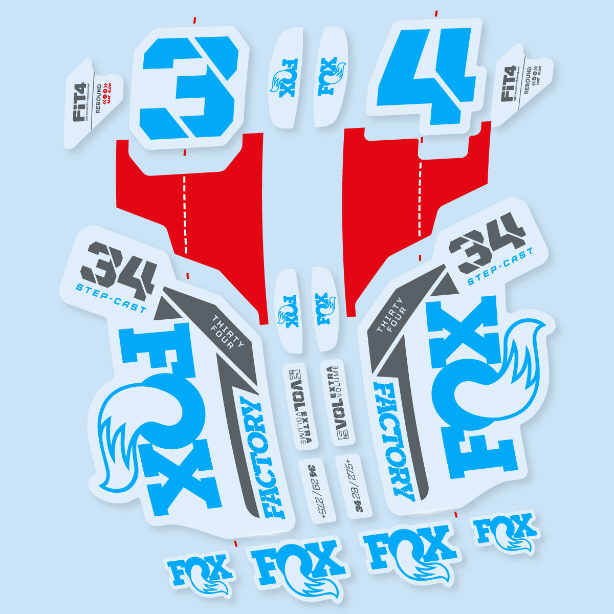 Stickers compatibles Fox 34 SC Factory 2021 pour fourche – autocollants vinyle - Bleu Ciel