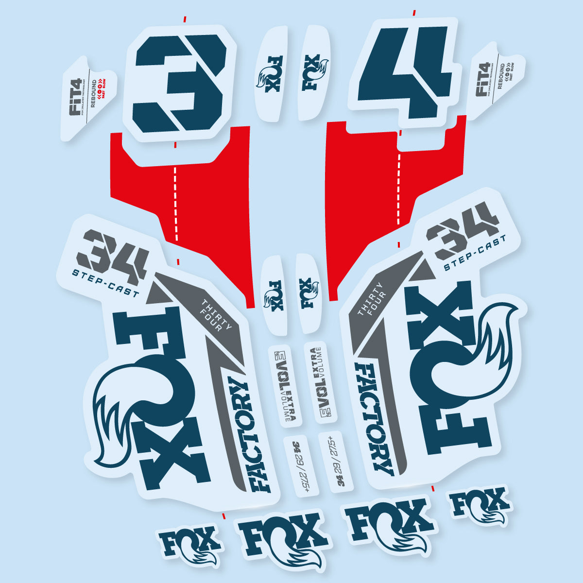 Stickers compatibles Fox 34 SC Factory 2021 pour fourche – autocollants vinyle - Bleu Lac Foncé