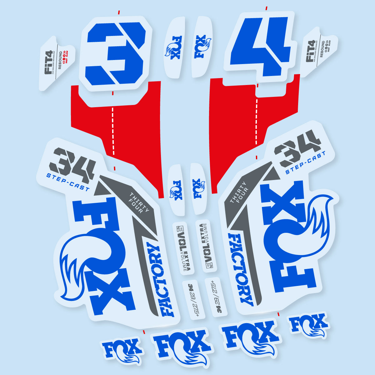 Stickers compatibles Fox 34 SC Factory 2021 pour fourche – autocollants vinyle - Bleu Mer