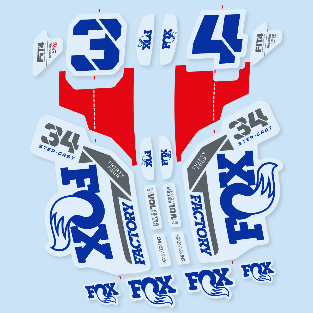 Stickers compatibles Fox 34 SC Factory 2021 pour fourche – autocollants vinyle - Bleu Outremer