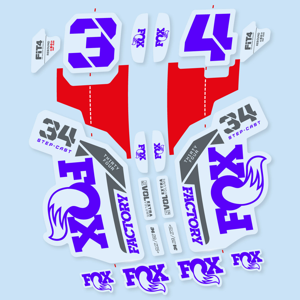 Stickers compatibles Fox 34 SC Factory 2021 pour fourche – autocollants vinyle - Bleu Reflex