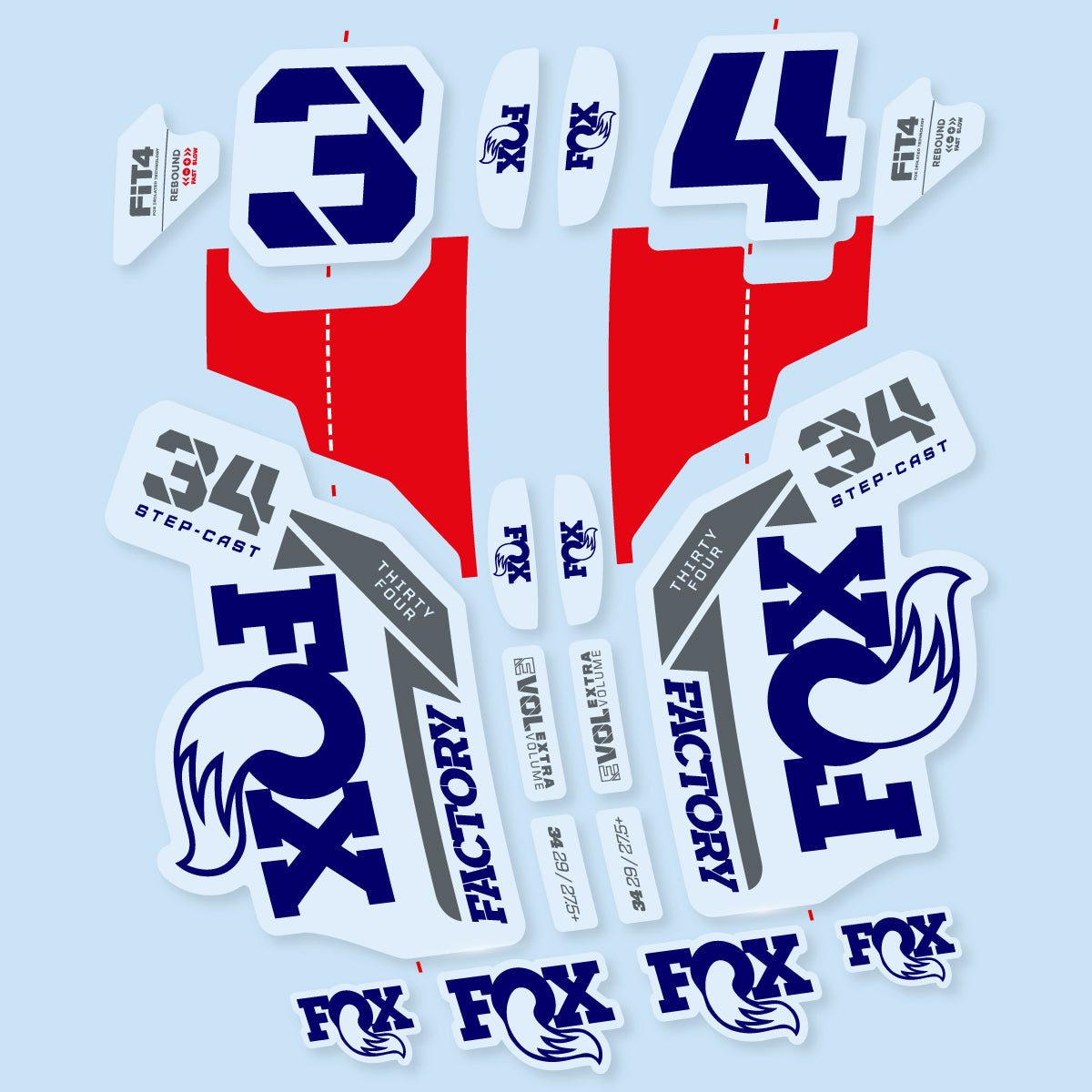 Stickers compatibles Fox 34 SC Factory 2021 pour fourche – autocollants vinyle - Bleu Scandinave