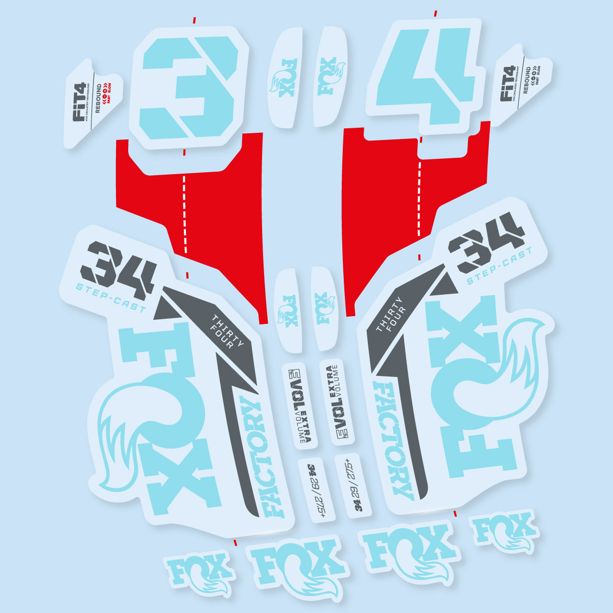 Stickers compatibles Fox 34 SC Factory 2021 pour fourche – autocollants vinyle - Cyan Glacier