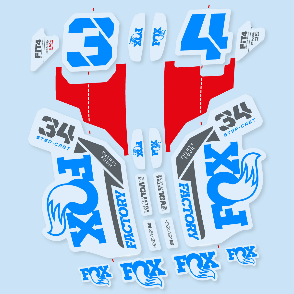 Stickers compatibles Fox 34 SC Factory 2021 pour fourche – autocollants vinyle - Cyan Lumineux