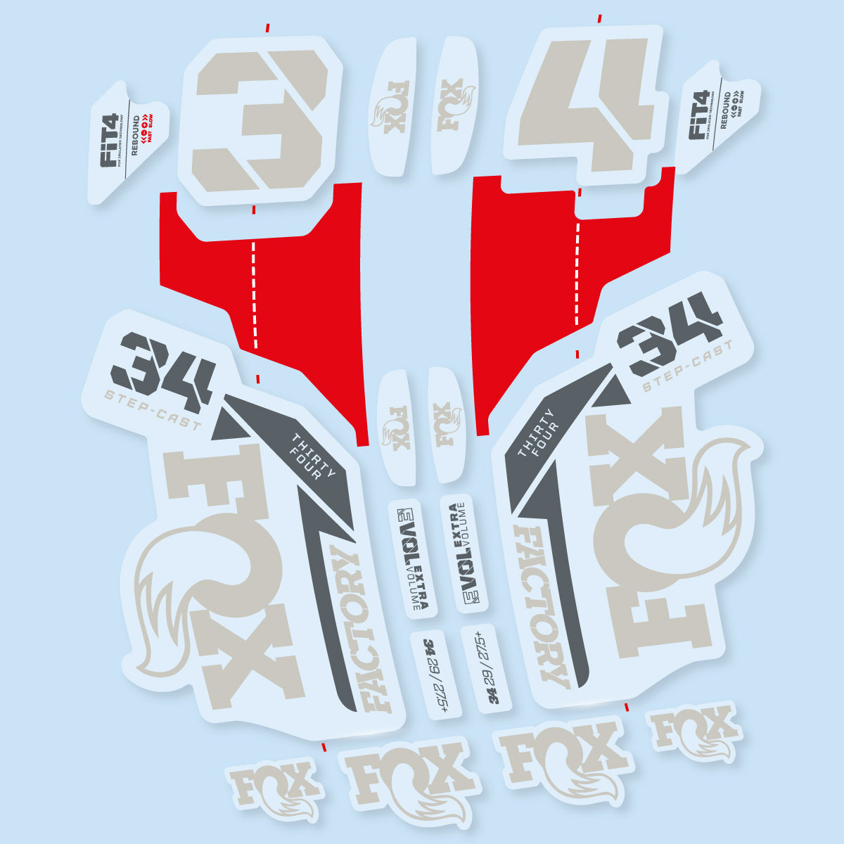 Stickers compatibles Fox 34 SC Factory 2021 pour fourche – autocollants vinyle - Gris Pastel