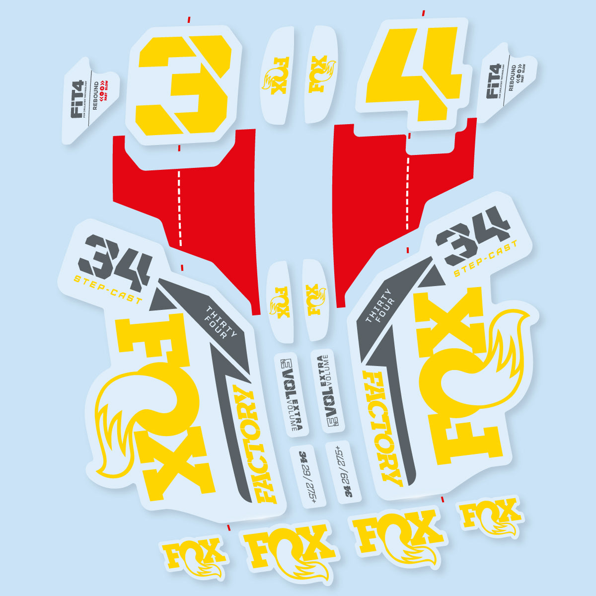 Stickers compatibles Fox 34 SC Factory 2021 pour fourche – autocollants vinyle - Jaune Banane