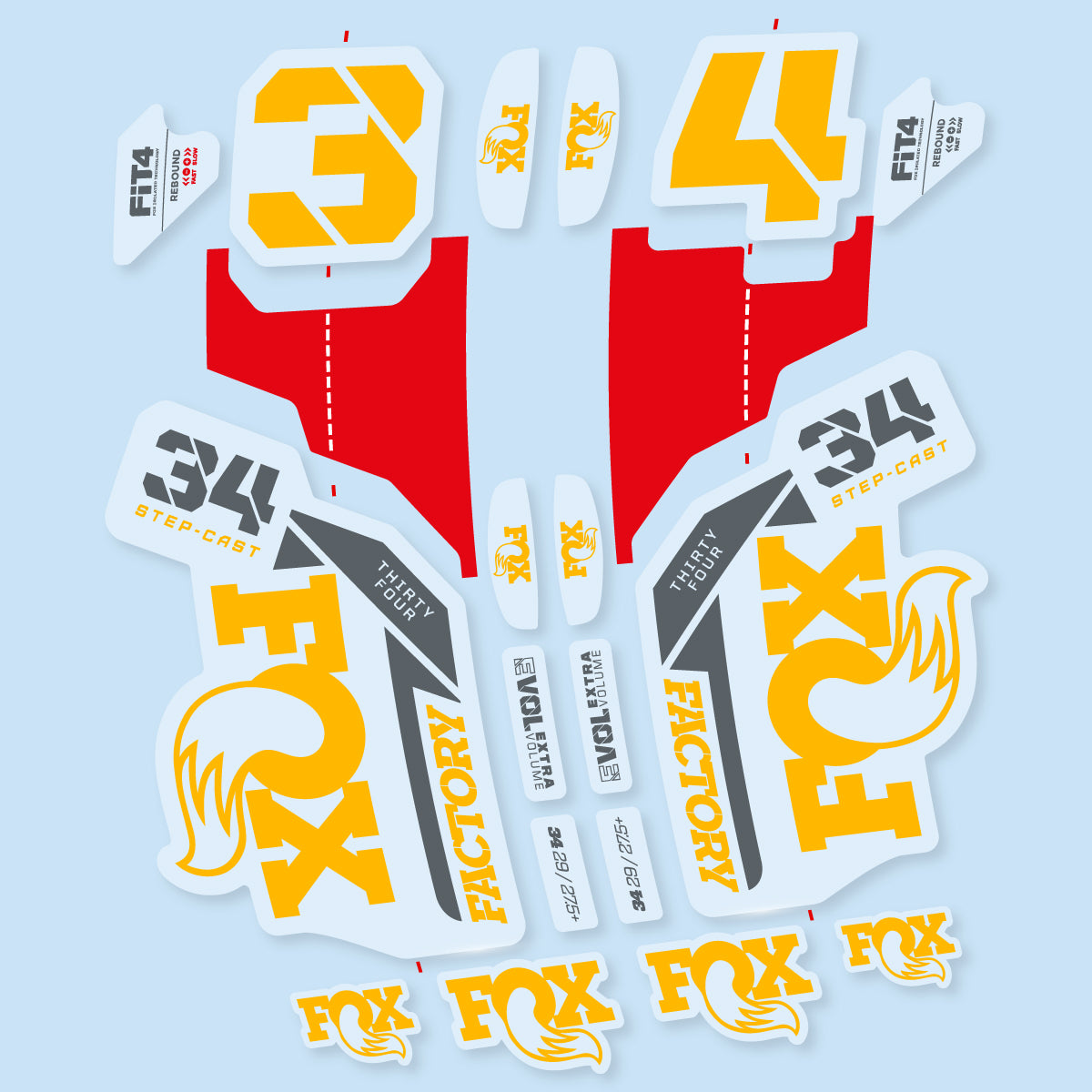 Stickers compatibles Fox 34 SC Factory 2021 pour fourche – autocollants vinyle - Jaune Moyen