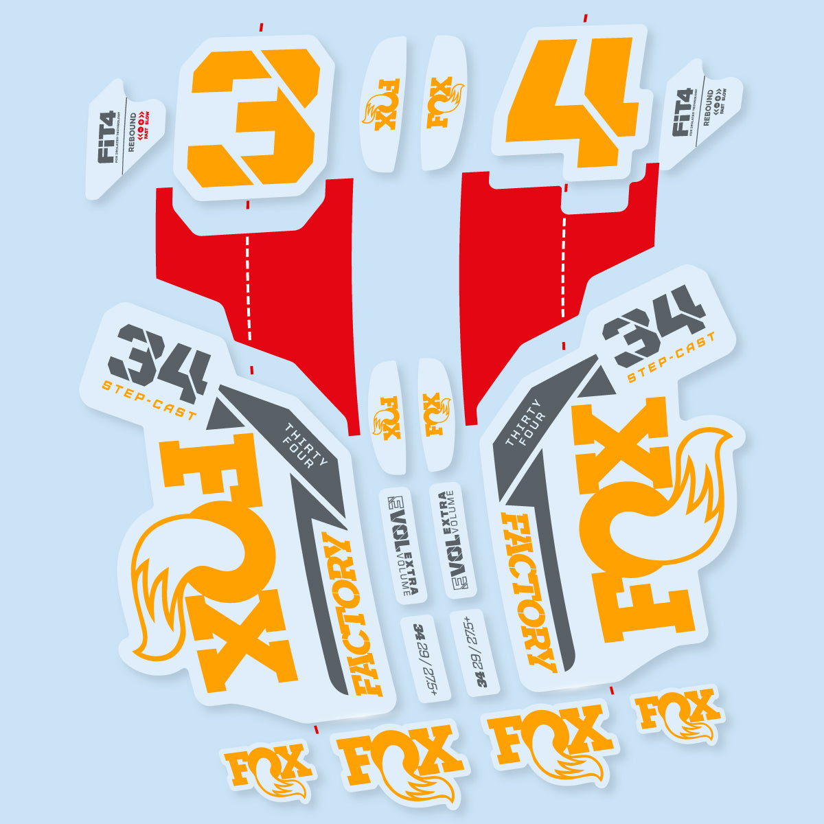 Stickers compatibles Fox 34 SC Factory 2021 pour fourche – autocollants vinyle - Jaune Orangé
