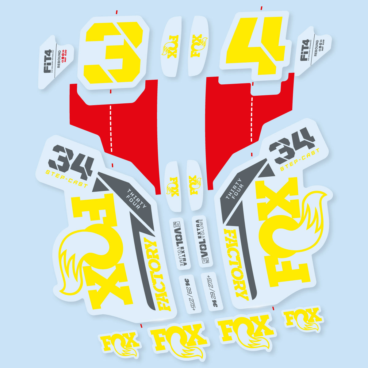 Stickers compatibles Fox 34 SC Factory 2021 pour fourche – autocollants vinyle - Jaune Vif