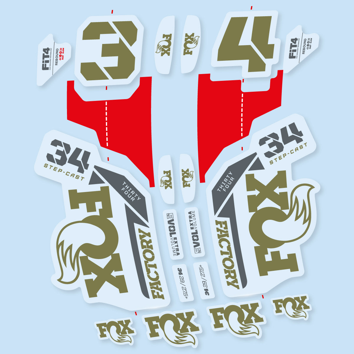 Stickers compatibles Fox 34 SC Factory 2021 pour fourche – autocollants vinyle - Kaki