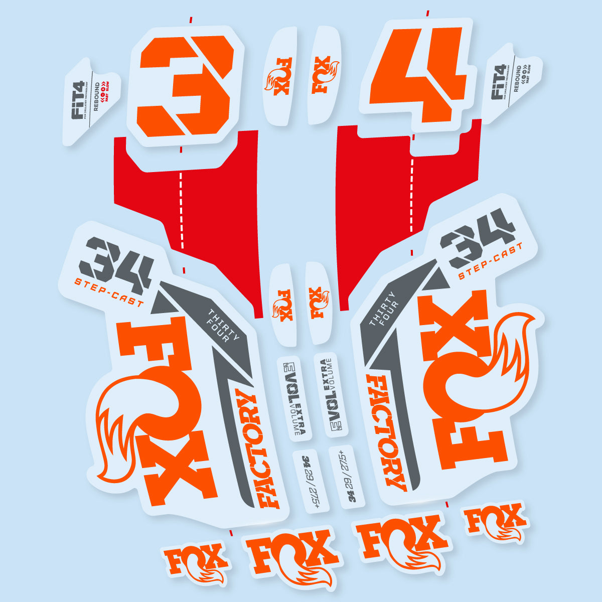 Stickers compatibles Fox 34 SC Factory 2021 pour fourche – autocollants vinyle - Orange