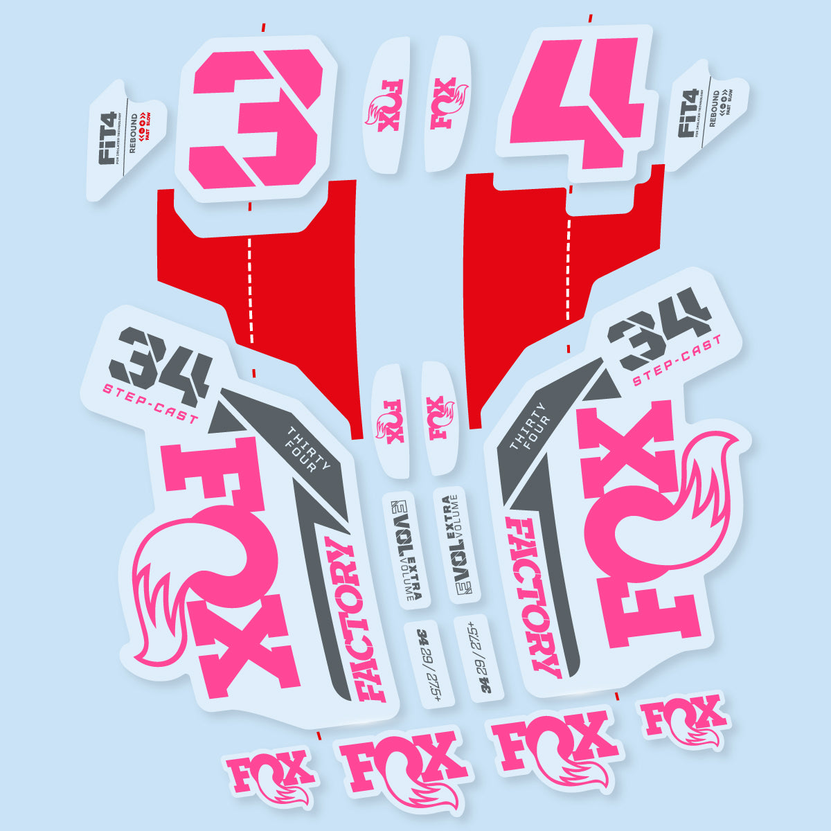 Stickers compatibles Fox 34 SC Factory 2021 pour fourche – autocollants vinyle - Rose Bonbon