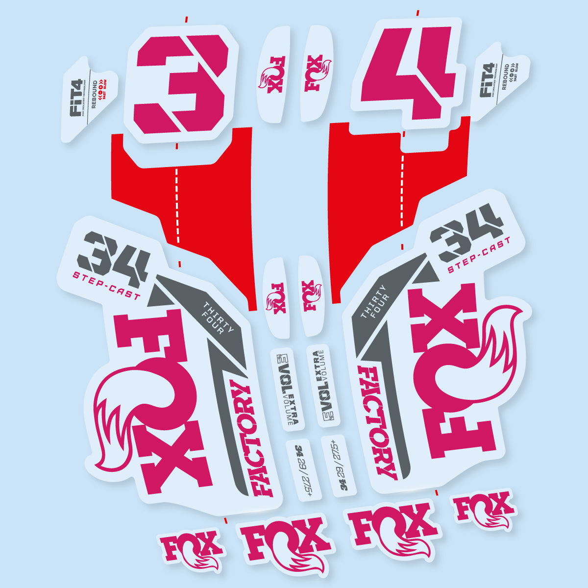 Stickers compatibles Fox 34 SC Factory 2021 pour fourche – autocollants vinyle - Rose Foncé