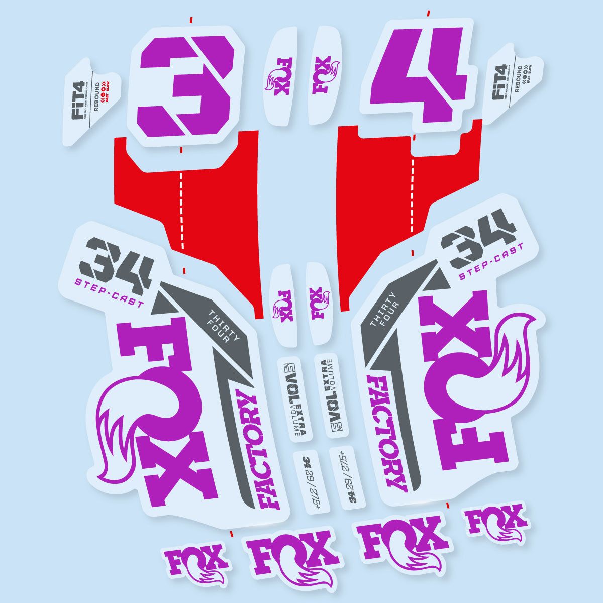 Stickers compatibles Fox 34 SC Factory 2021 pour fourche – autocollants vinyle - Rose Violet