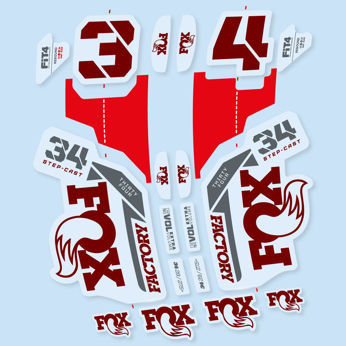 Stickers compatibles Fox 34 SC Factory 2021 pour fourche – autocollants vinyle - Rouge Bordeaux
