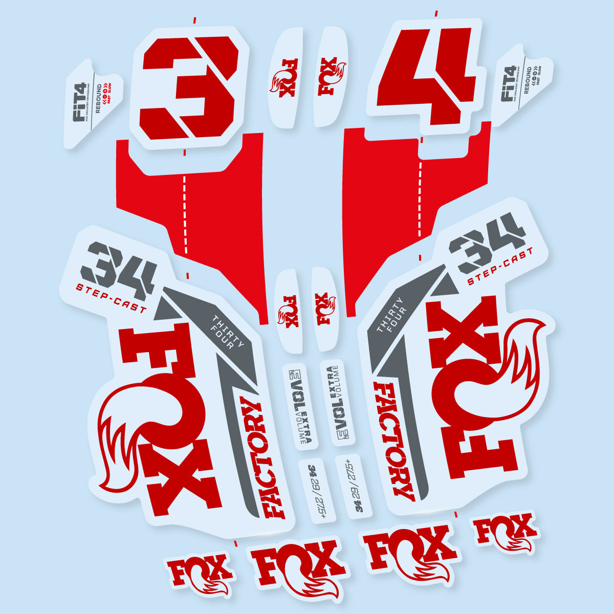 Stickers compatibles Fox 34 SC Factory 2021 pour fourche – autocollants vinyle - Rouge Moyen