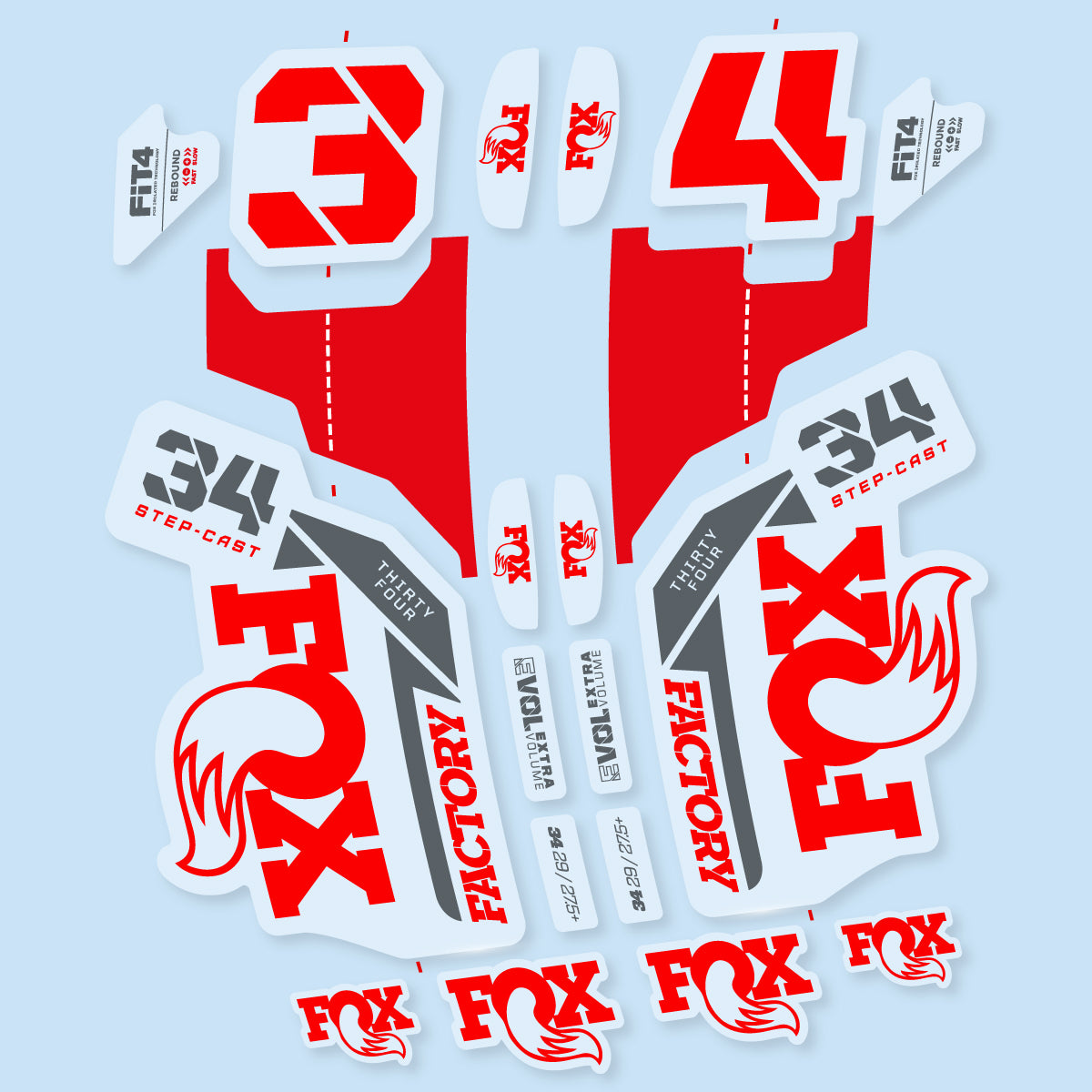 Stickers compatibles Fox 34 SC Factory 2021 pour fourche – autocollants vinyle - Rouge Orangé