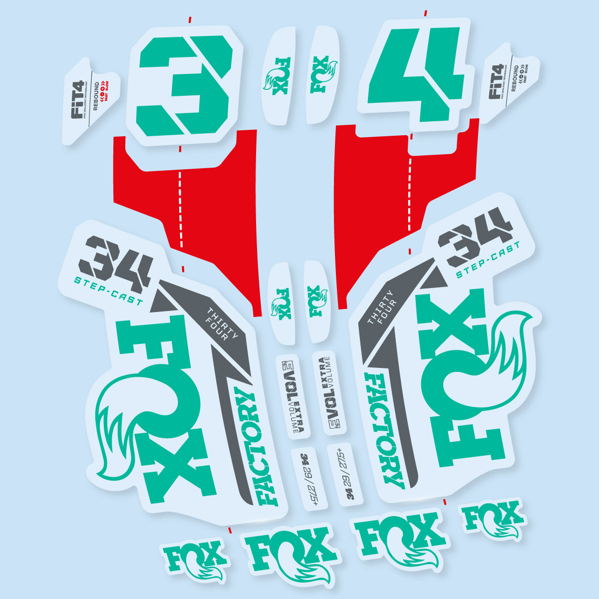 Stickers compatibles Fox 34 SC Factory 2021 pour fourche – autocollants vinyle - Turquoise Vert