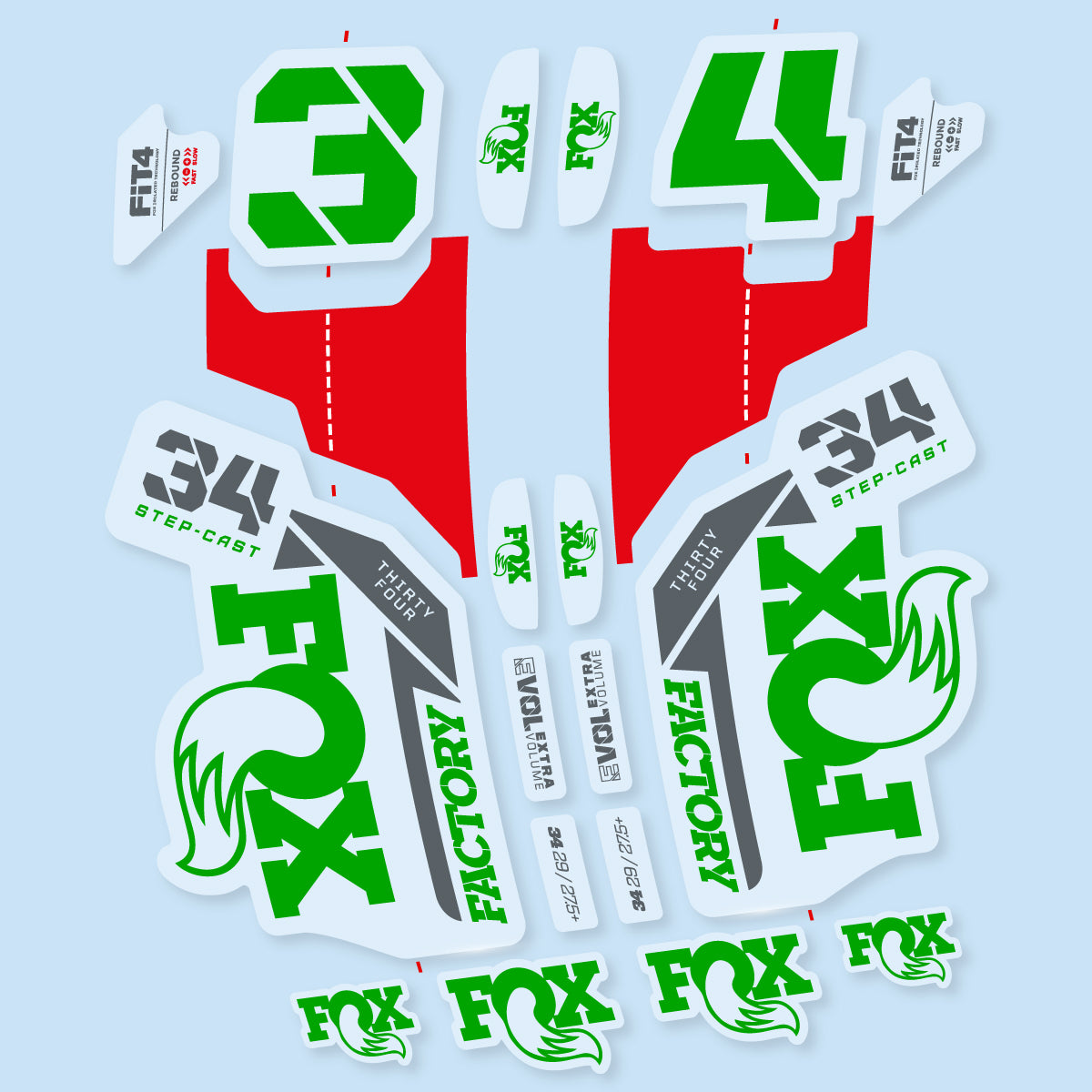 Stickers compatibles Fox 34 SC Factory 2021 pour fourche – autocollants vinyle - Vert