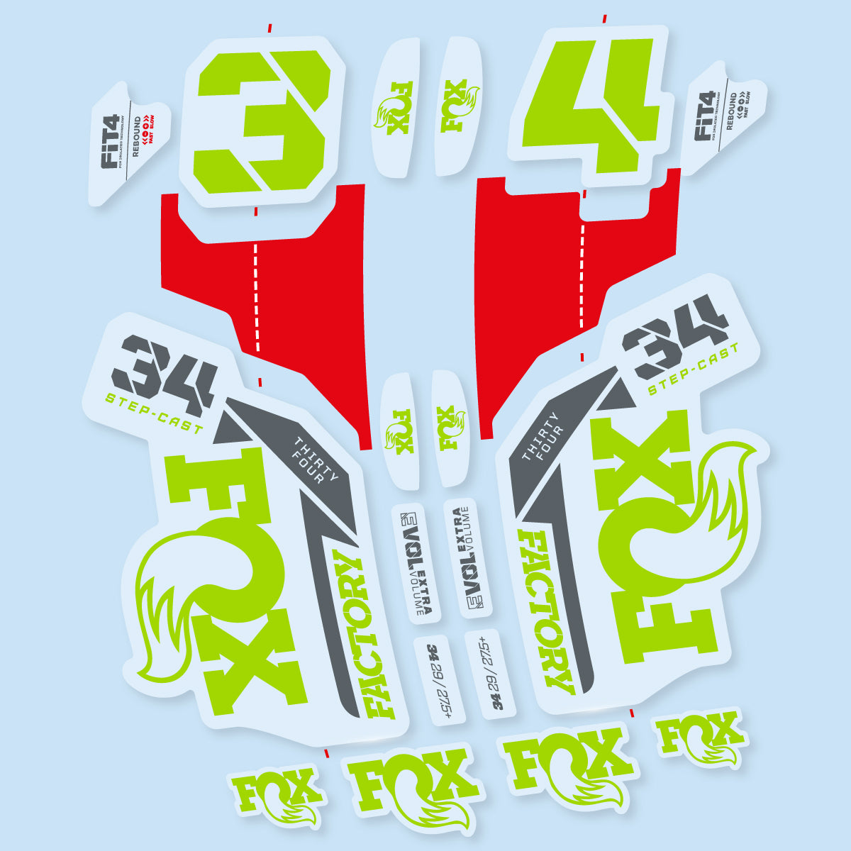 Stickers compatibles Fox 34 SC Factory 2021 pour fourche – autocollants vinyle - Vert Citron