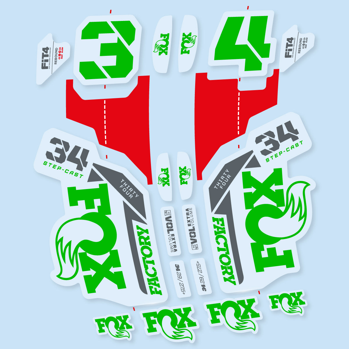 Stickers compatibles Fox 34 SC Factory 2021 pour fourche – autocollants vinyle - Vert Herbe