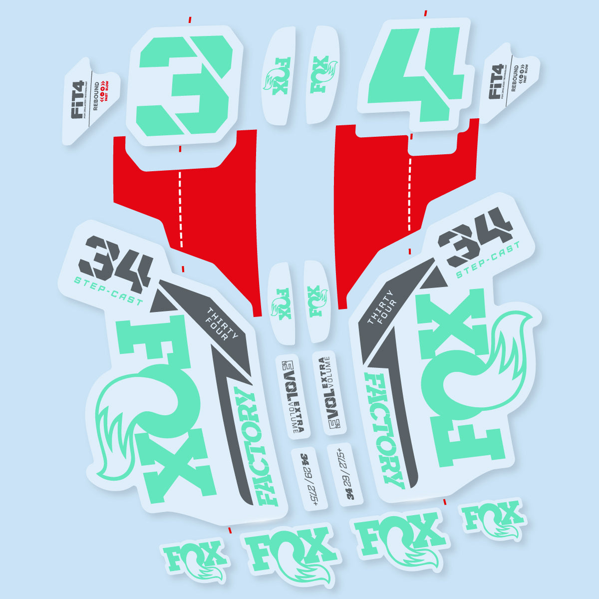 Stickers compatibles Fox 34 SC Factory 2021 pour fourche – autocollants vinyle - Vert Menthe