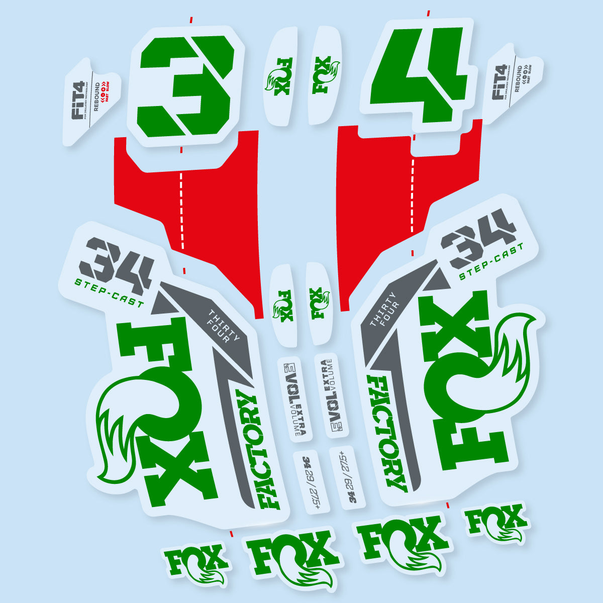 Stickers compatibles Fox 34 SC Factory 2021 pour fourche – autocollants vinyle - Vert Moyen