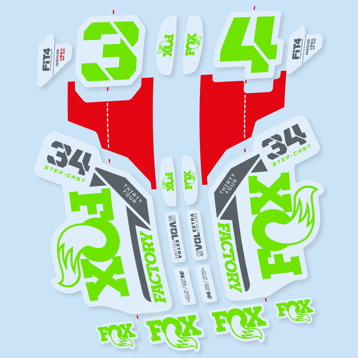 Stickers compatibles Fox 34 SC Factory 2021 pour fourche – autocollants vinyle - Vert Pistache