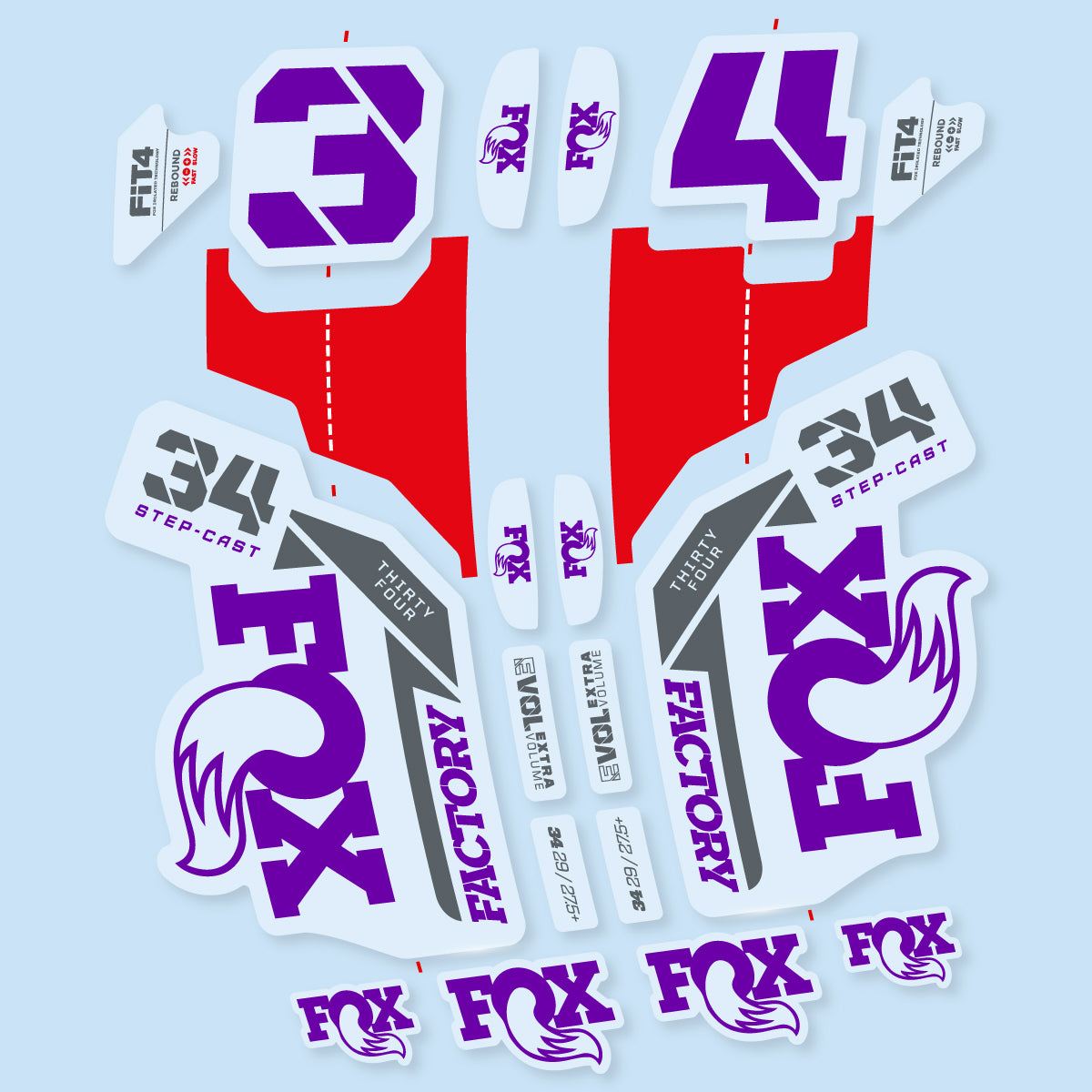 Stickers compatibles Fox 34 SC Factory 2021 pour fourche – autocollants vinyle - Violet