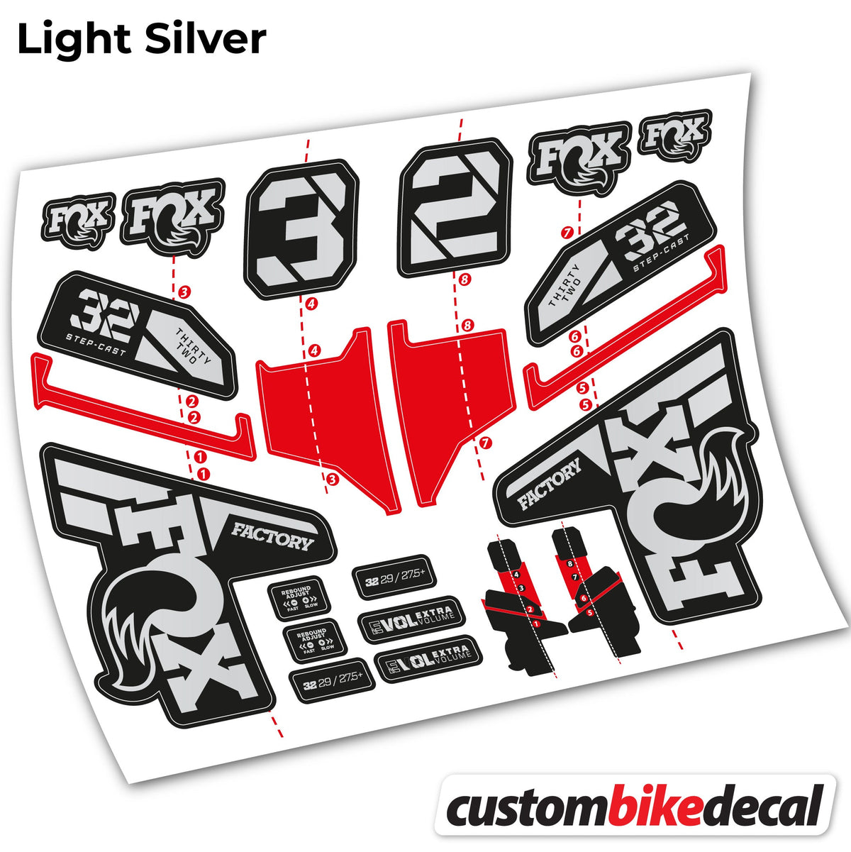 Light Silver decal for FOX 32 Step Cast Factory Mk2 2021 2022 y 2023 fork – bike sticker vinyl