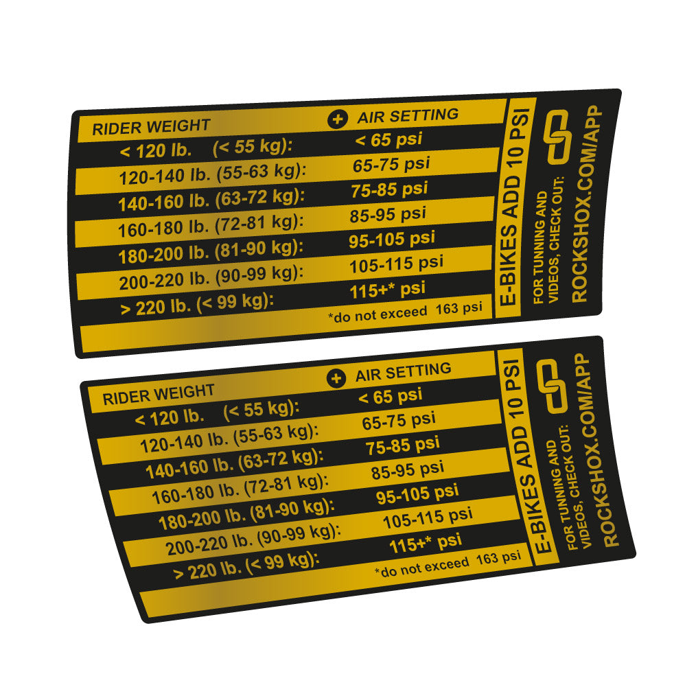 Stickers Rock Shox Pike Pressure Table compatibles Autocollants fourche VTT 29"