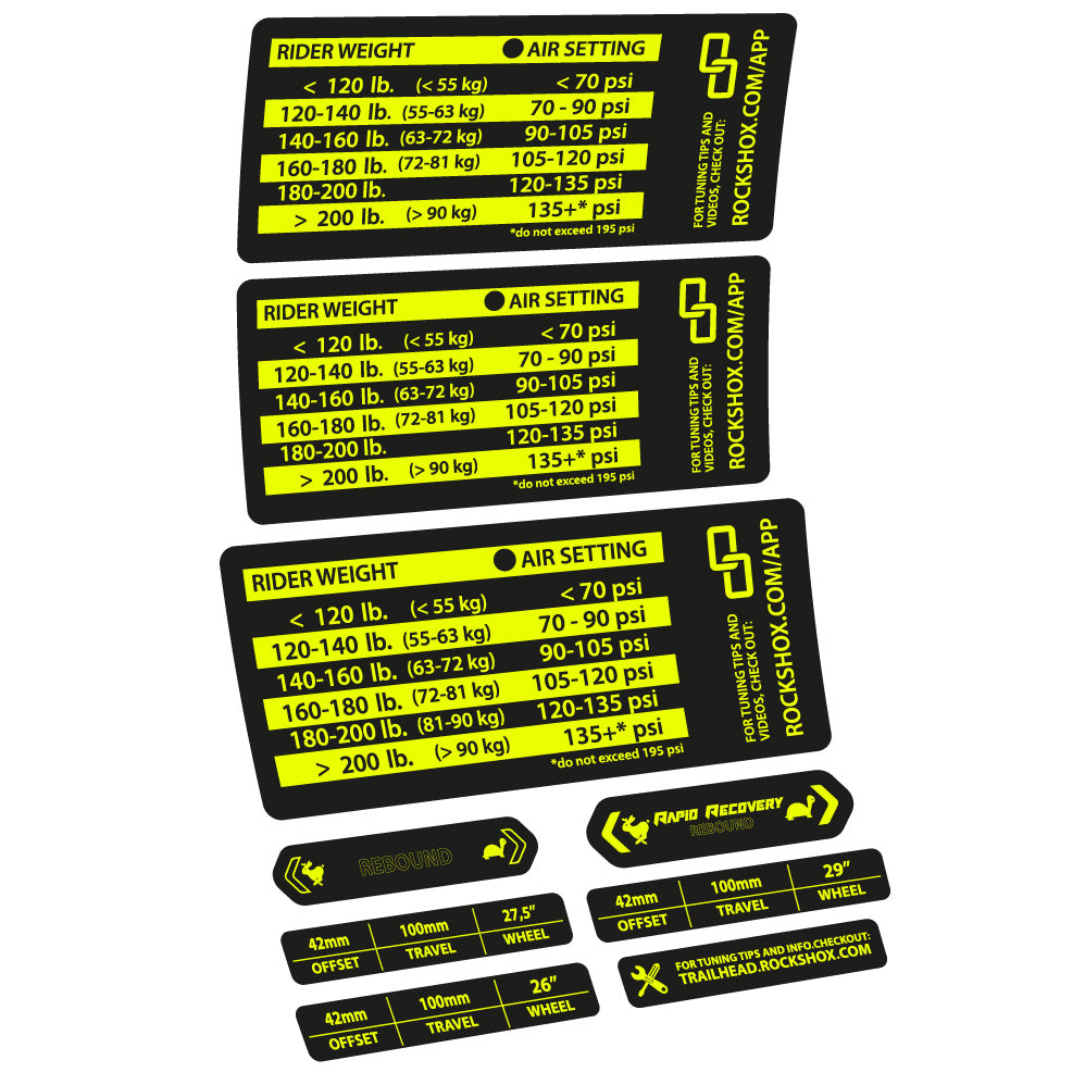 Stickers Rock Shox RS1 pressure table compatibles - Autocollants fourche VTT