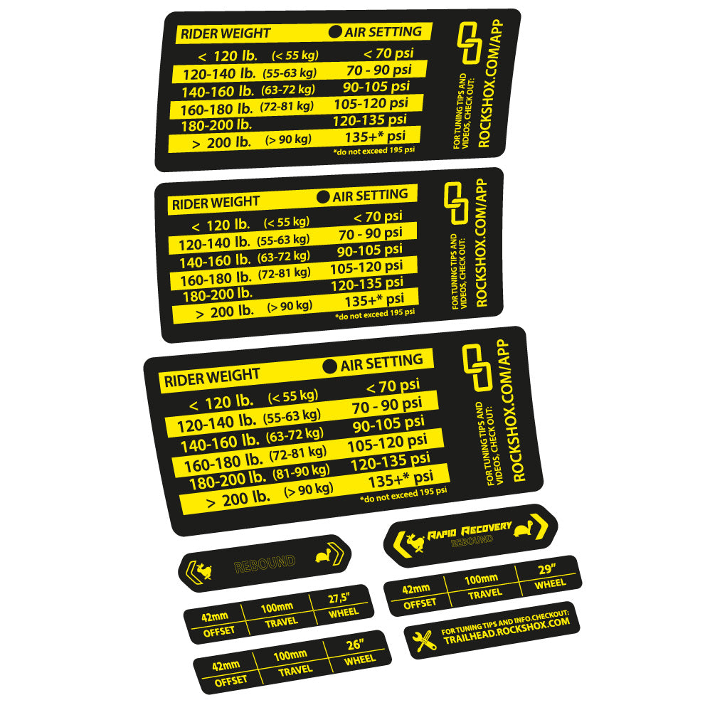 Stickers Rock Shox RS1 pressure table compatibles Autocollants fourche VTT 29"