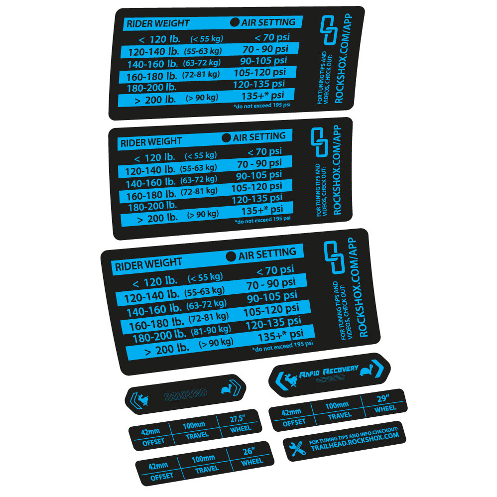 Stickers Rock Shox RS1 pressure table compatibles Autocollants fourche VTT 29"