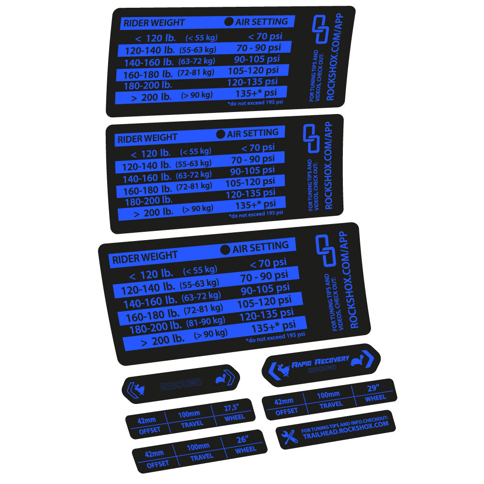 Stickers Rock Shox RS1 pressure table compatibles - Autocollants fourche VTT