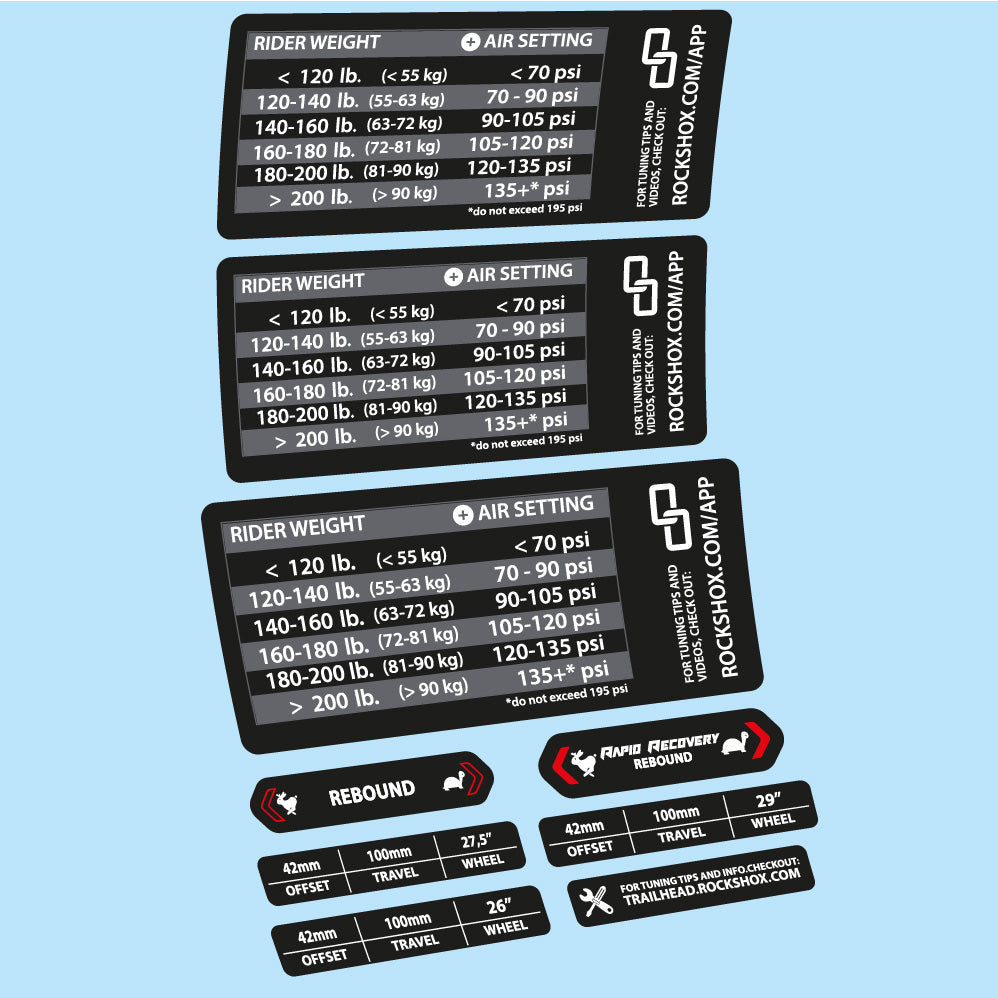 Stickers Rock Shox RS1 pressure table compatibles Autocollants fourche VTT 29"