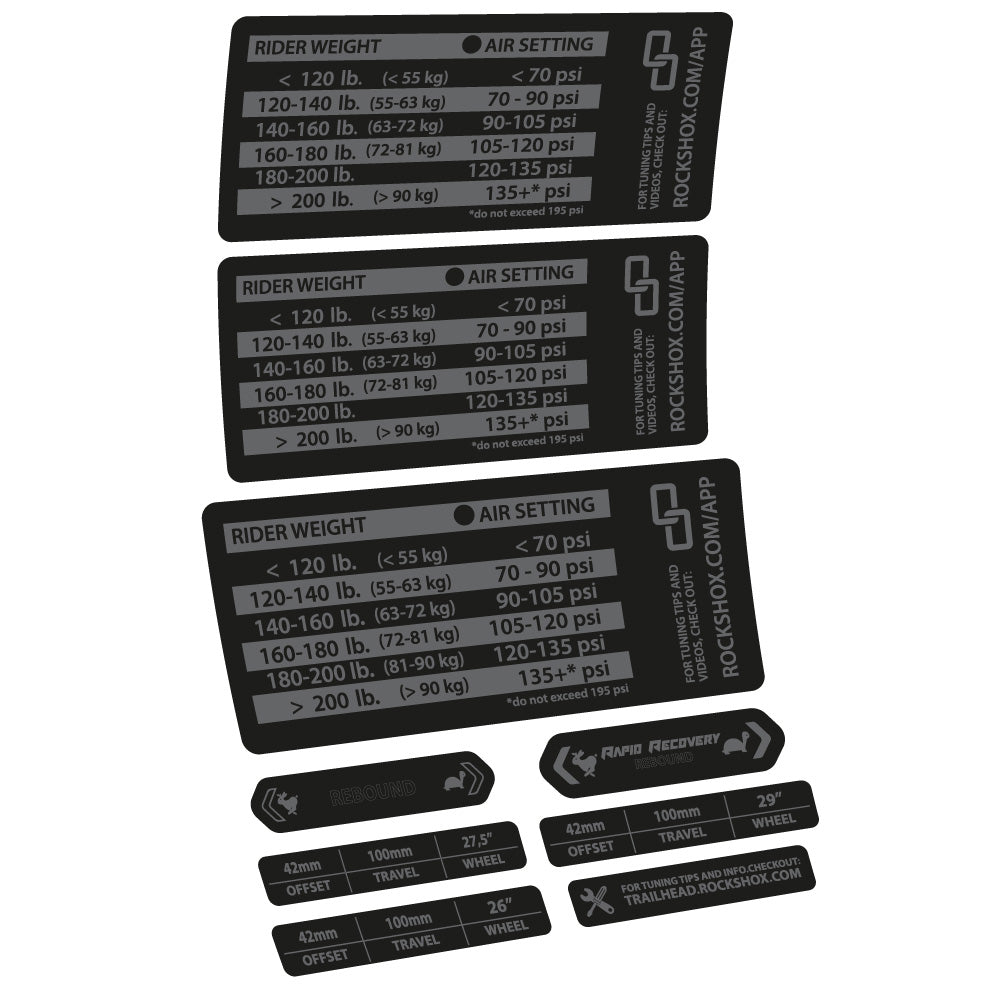 Stickers Rock Shox RS1 pressure table compatibles Autocollants fourche VTT 29"