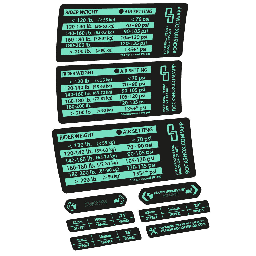 Stickers Rock Shox RS1 pressure table compatibles Autocollants fourche VTT 29"