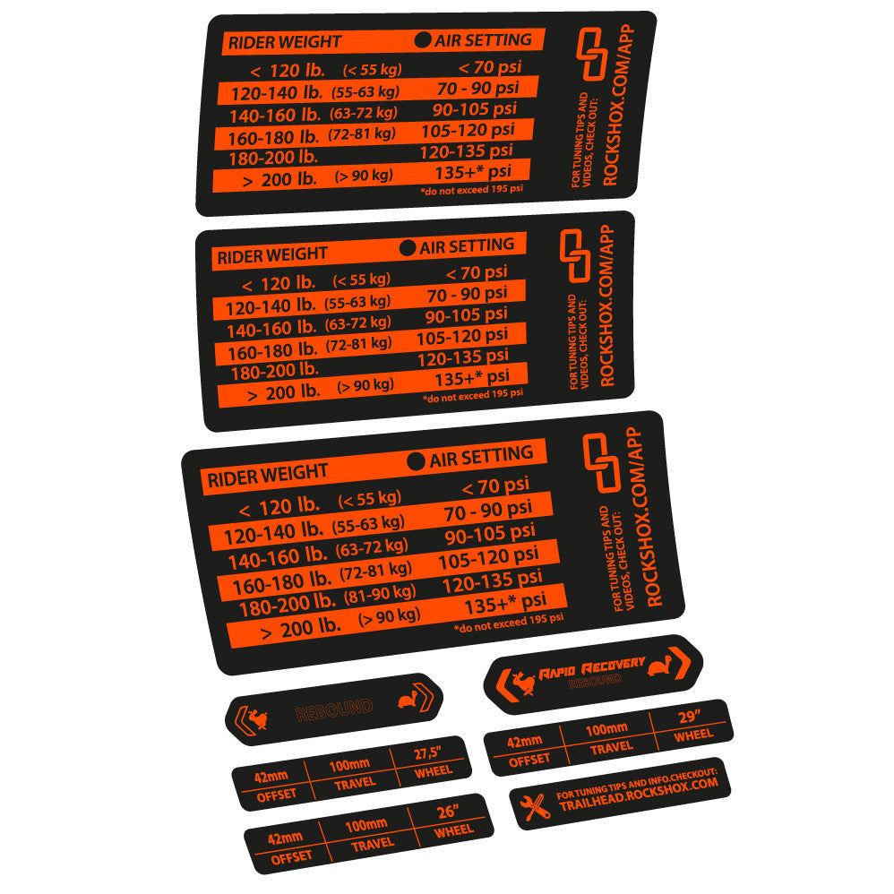 Stickers Rock Shox RS1 pressure table compatibles Autocollants fourche VTT 29"