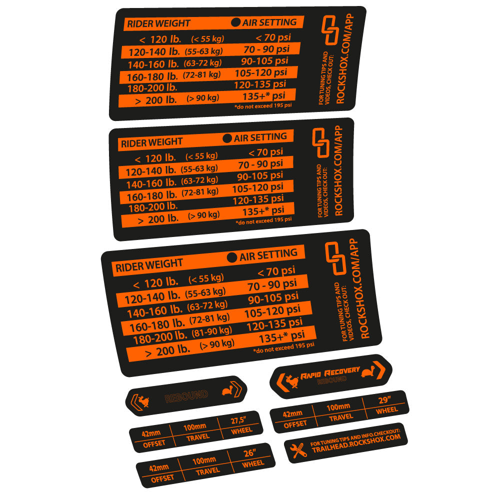 Stickers Rock Shox RS1 pressure table compatibles - Autocollants fourche VTT