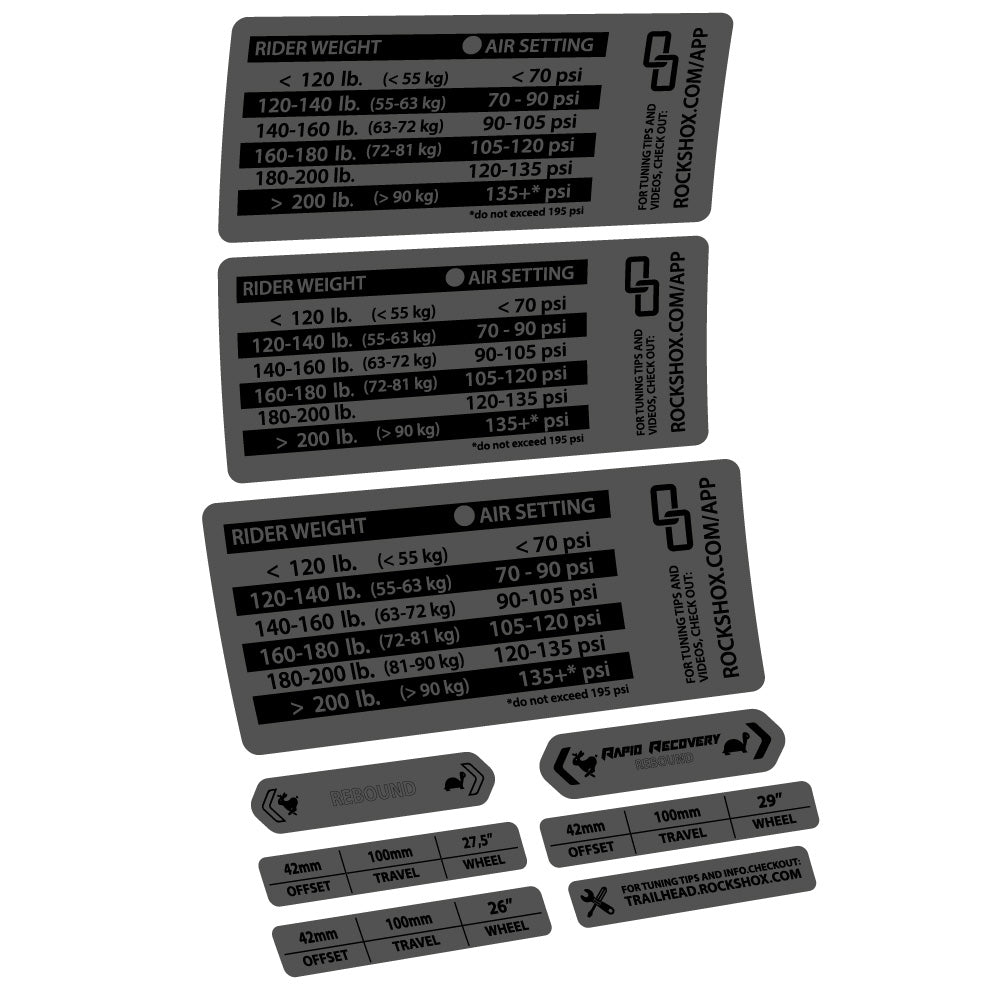 Stickers Rock Shox RS1 pressure table compatibles Autocollants fourche VTT 29"