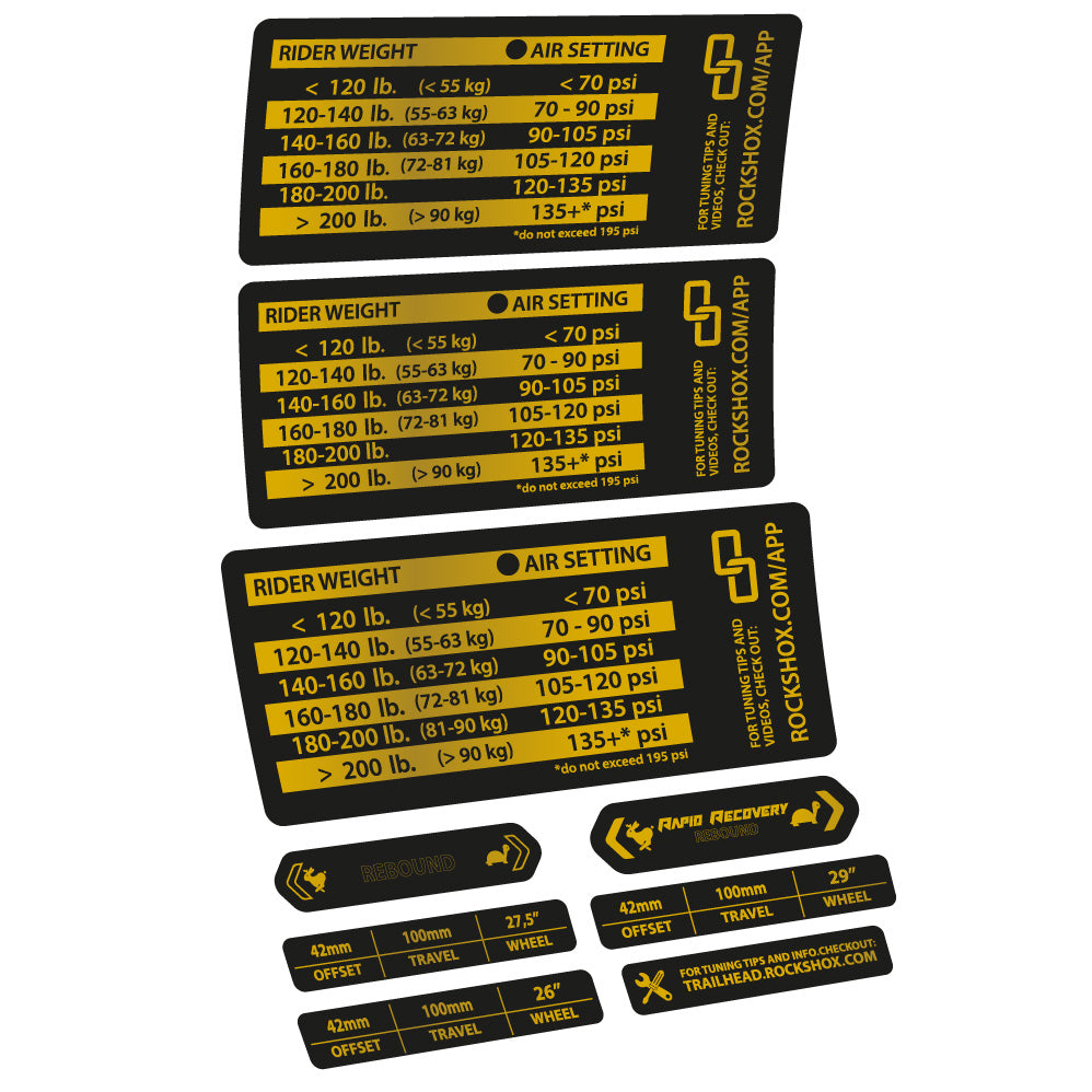 Stickers Rock Shox RS1 pressure table compatibles - Autocollants fourche VTT