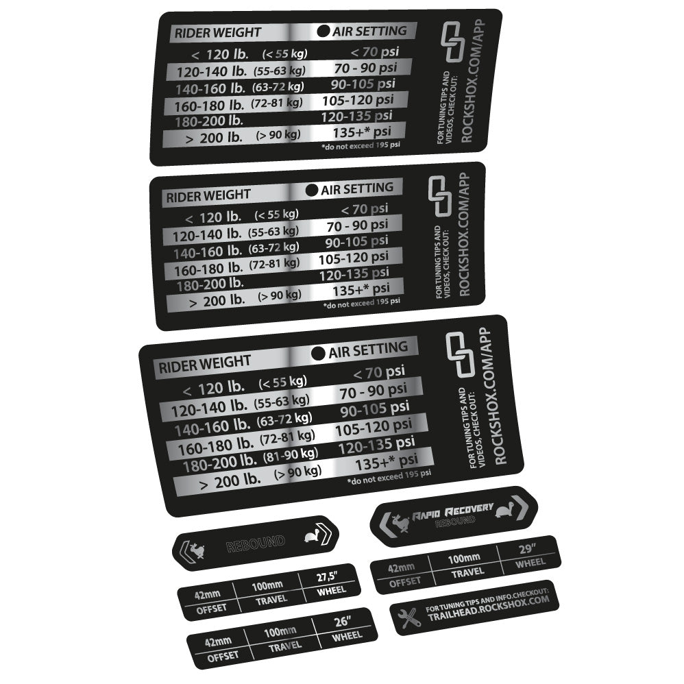 Stickers Rock Shox RS1 pressure table compatibles Autocollants fourche VTT 29"