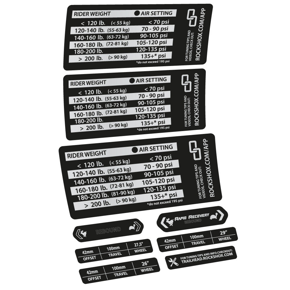Stickers Rock Shox RS1 pressure table compatibles - Autocollants fourche VTT