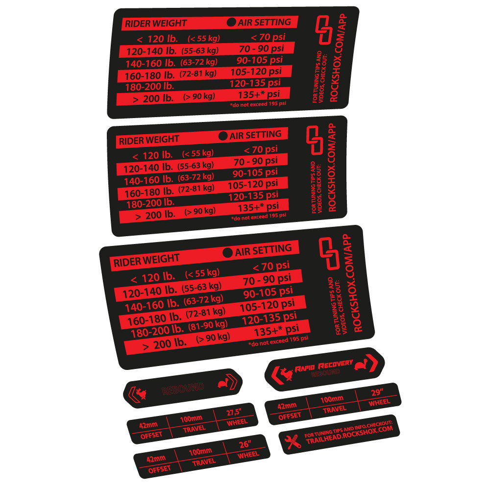 Stickers Rock Shox RS1 pressure table compatibles Autocollants fourche VTT 29"